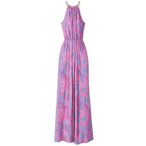 NWT Lilly Pulitzer Bowen Halter Jumpsuit Pink Sorbet High Altitude Gold Chain z0